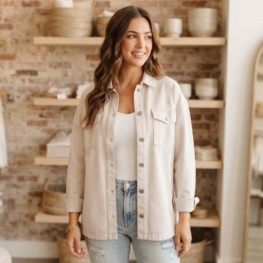 Divided H&M Light Beige Oversized Denim Shacket Button-Down Jacket